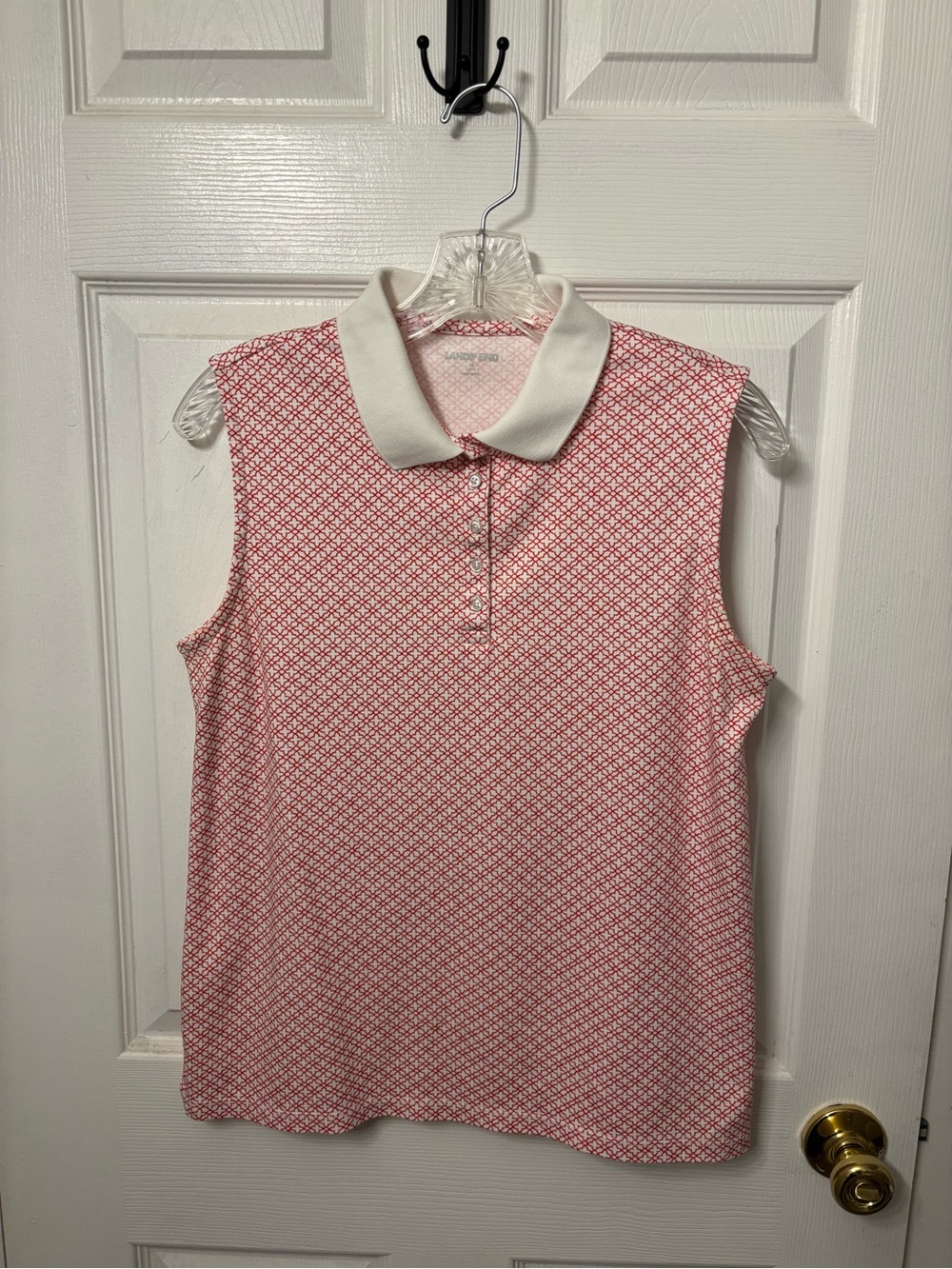 Lands' End Red Geo Print Sleeveless Polo Tank with White Collar